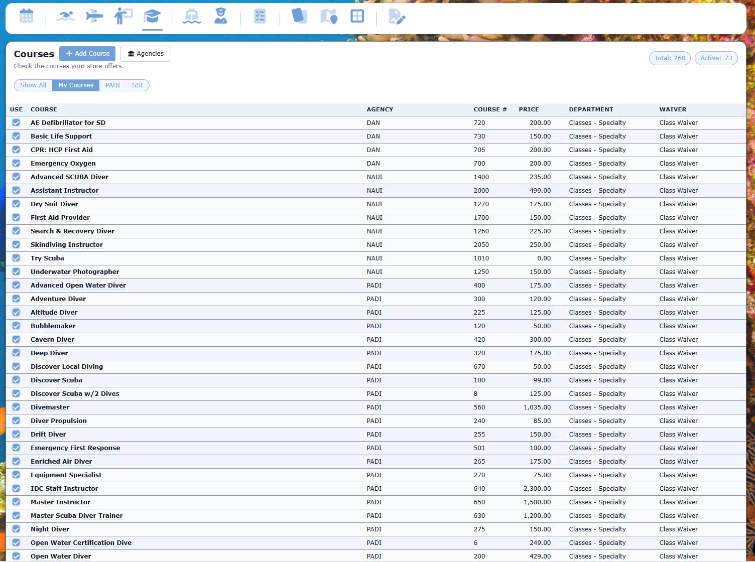 Dive class and course management screen