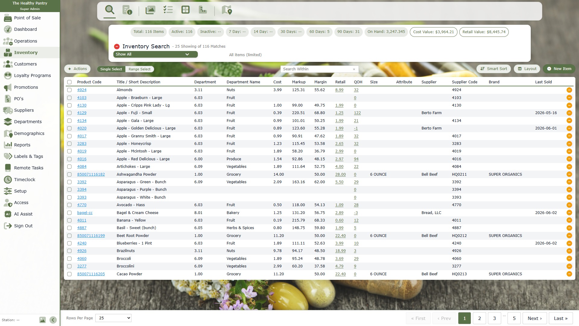 Healthy Pantry inventory with supplement, grocery, produce, pricing, margin, and quantity data