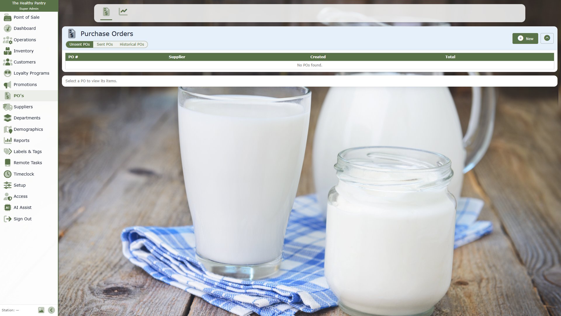 Healthy Pantry purchase order workspace