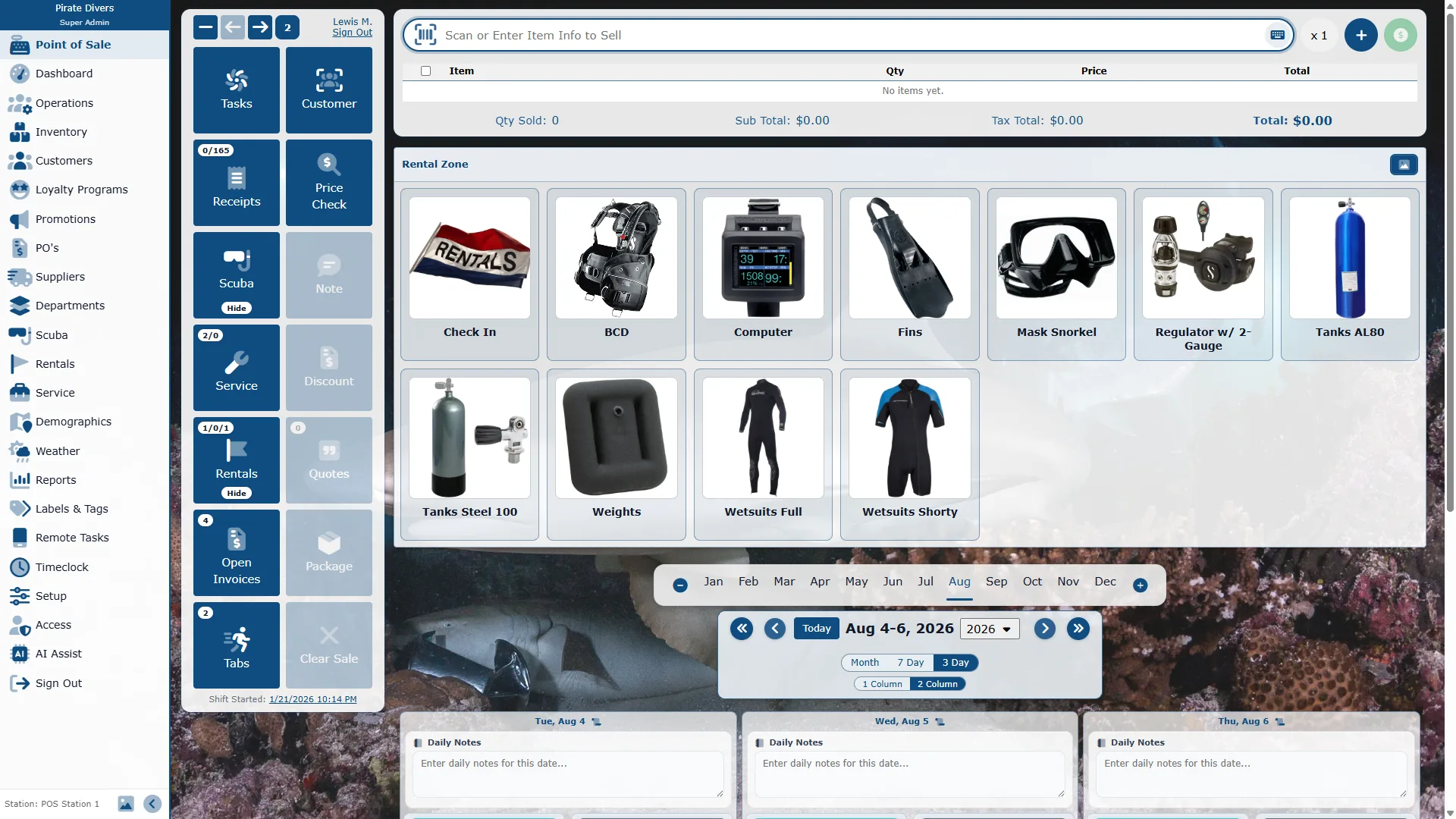 Diverse Retail dive shop point of sale with rental gear