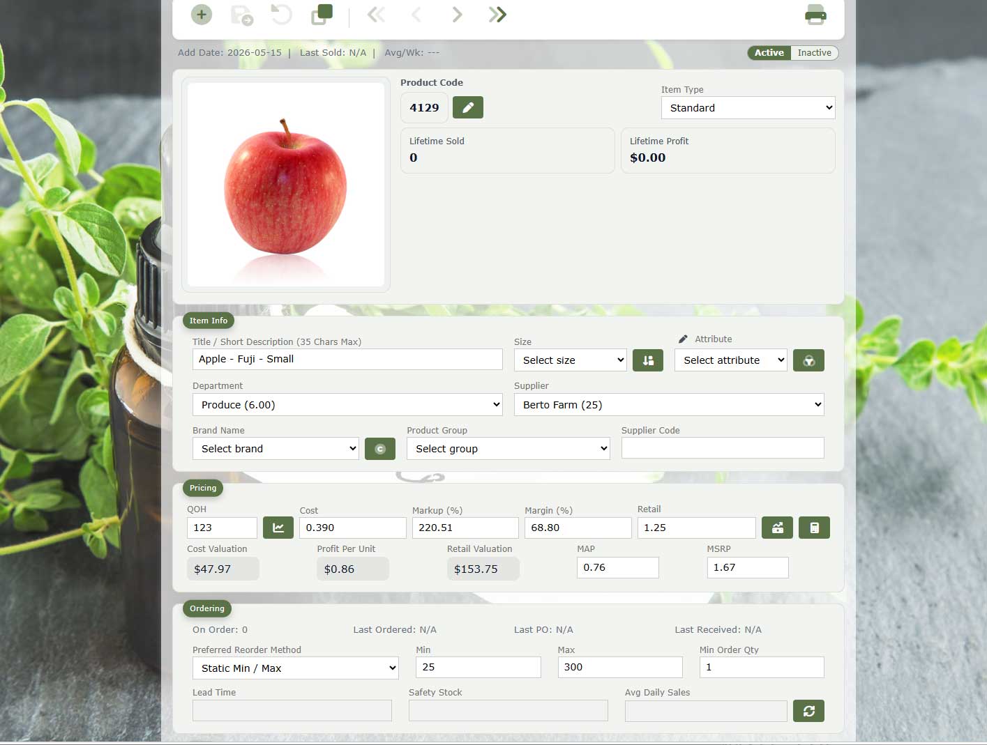 Detailed inventory record in Diverse Retail
