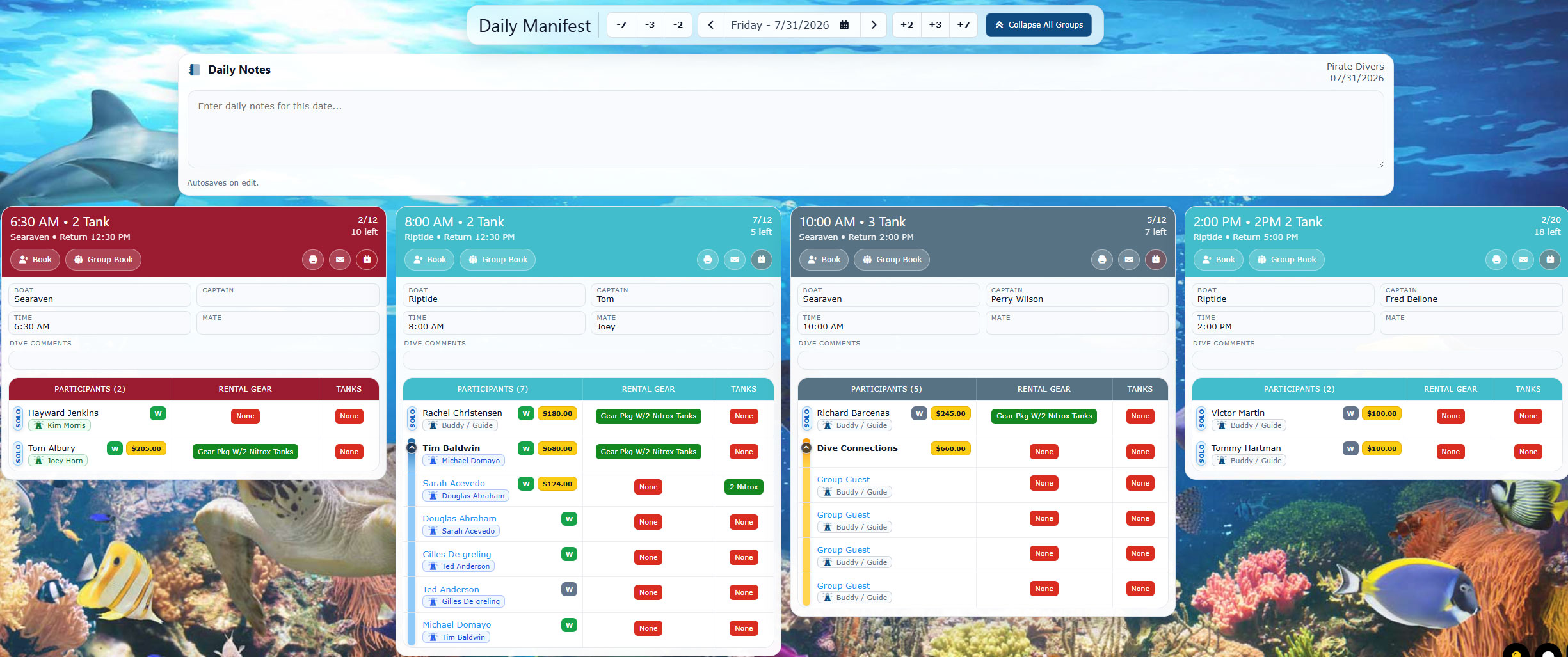 Diverse Retail daily manifest showing multiple charters, participants, groups, rental gear, tanks, balances, waivers, boats, and staff