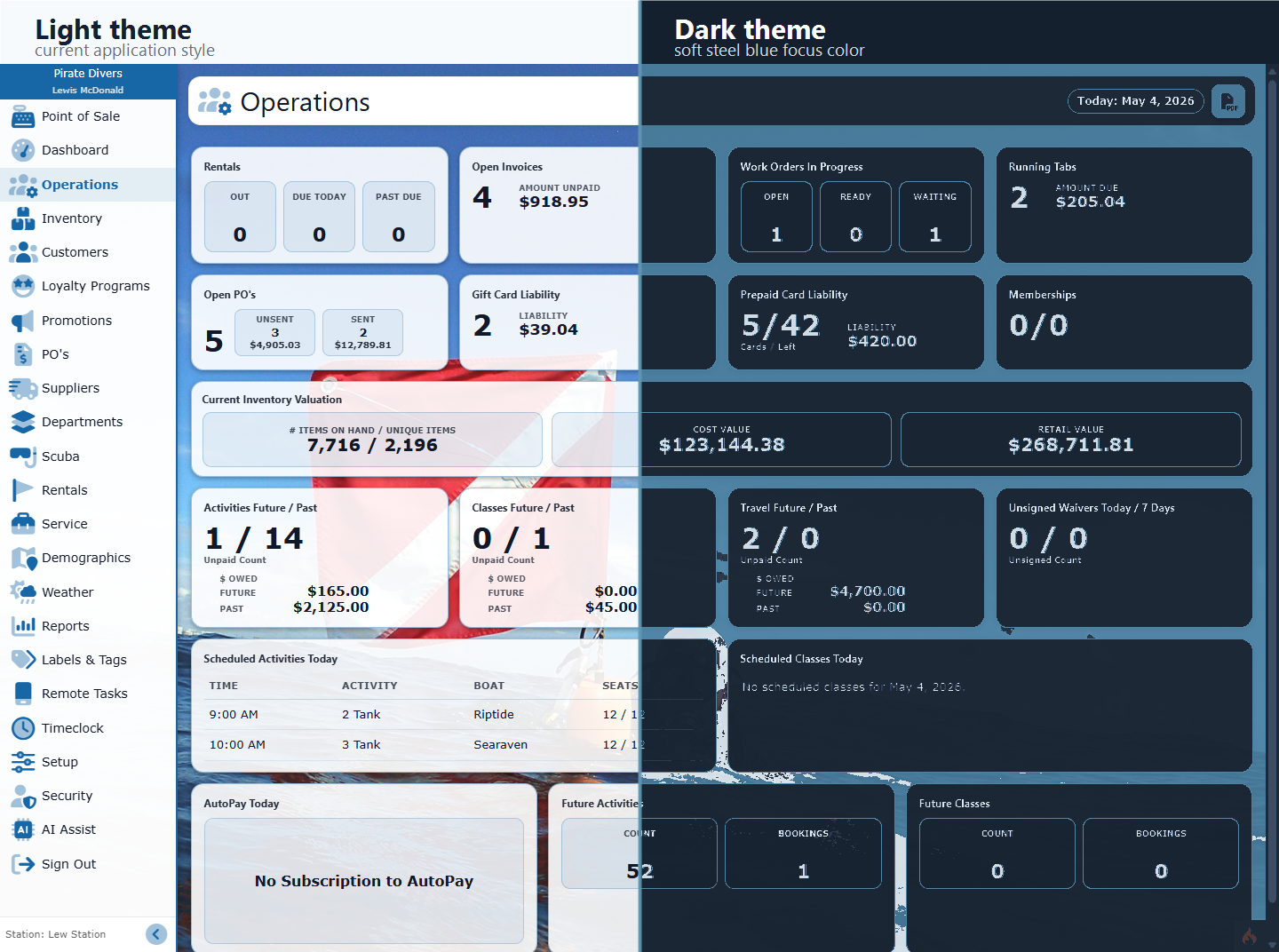 Operations screen split between light theme and dark theme with soft steel blue focus color