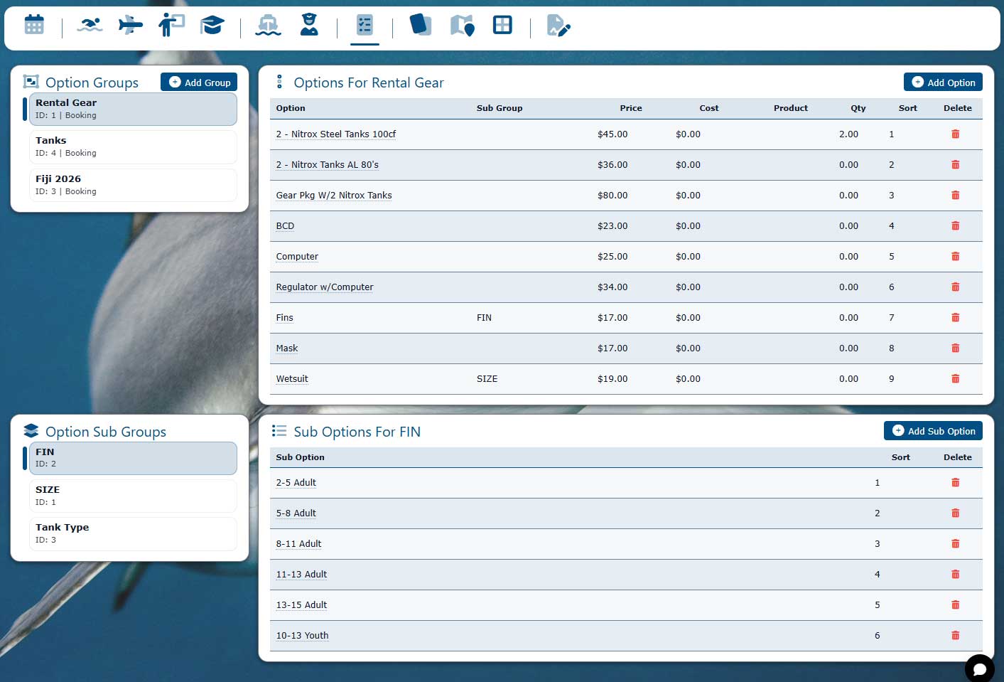 Booking options setup for activity add-ons and pricing