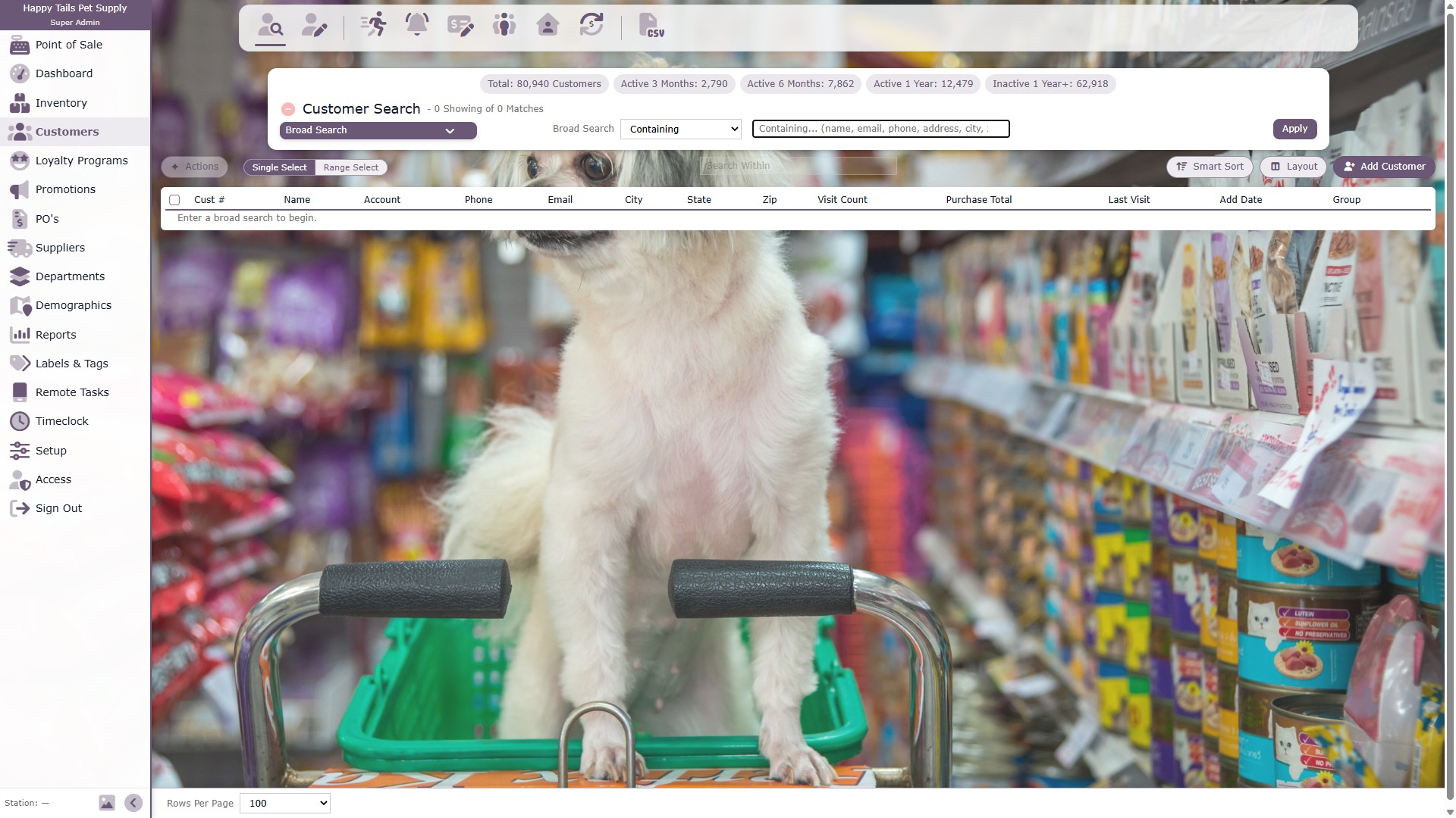 Happy Tails Pet Supply customer search with visit and activity summaries