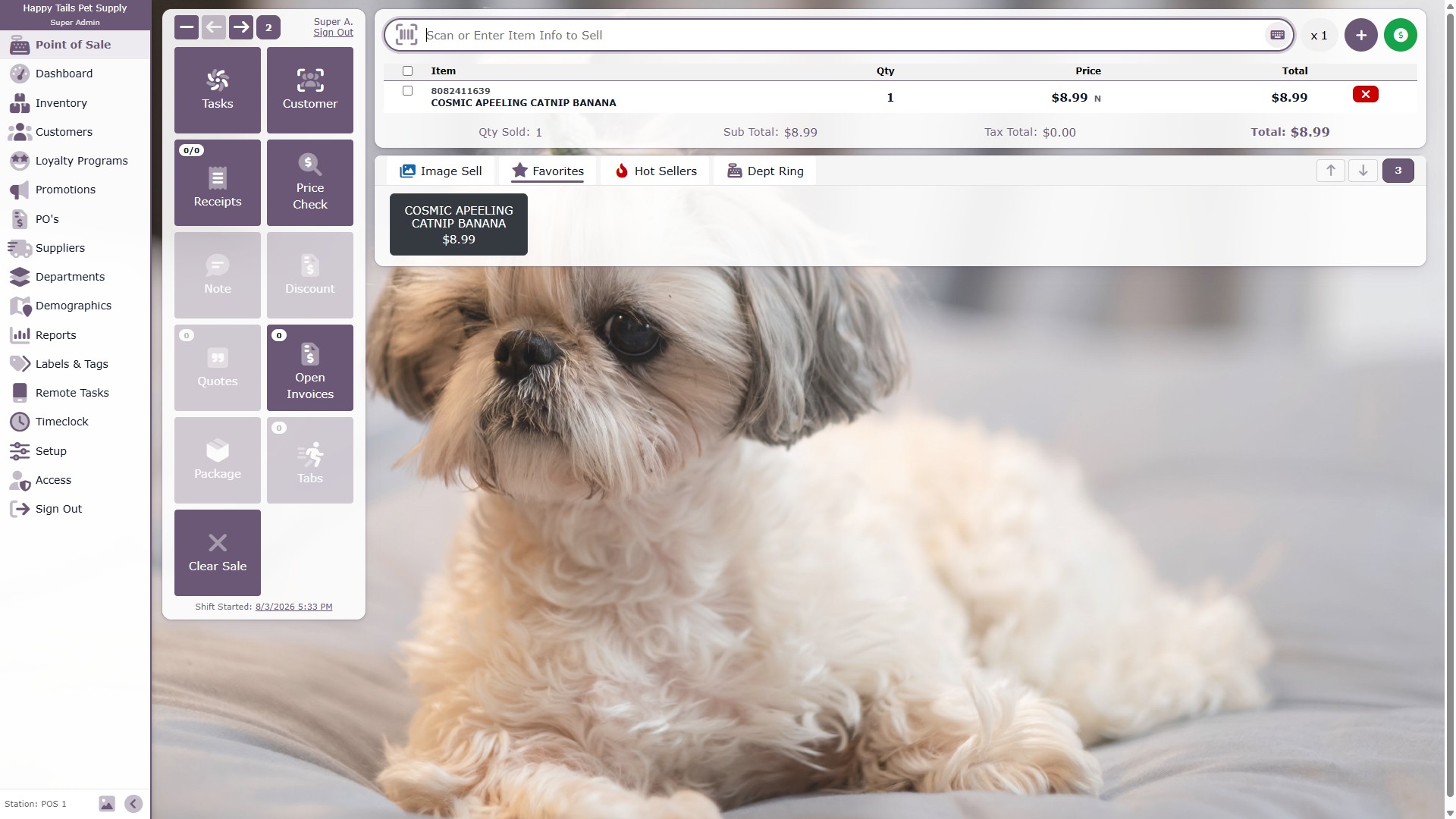 Happy Tails Pet Supply point of sale with a pet-themed layout