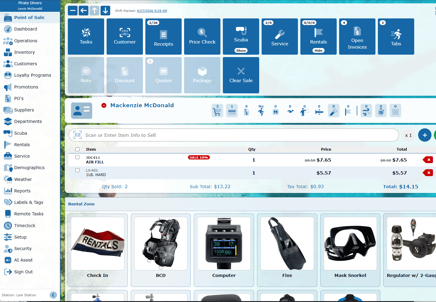 POS with a live sale, assigned customer, action card, and rental image categories