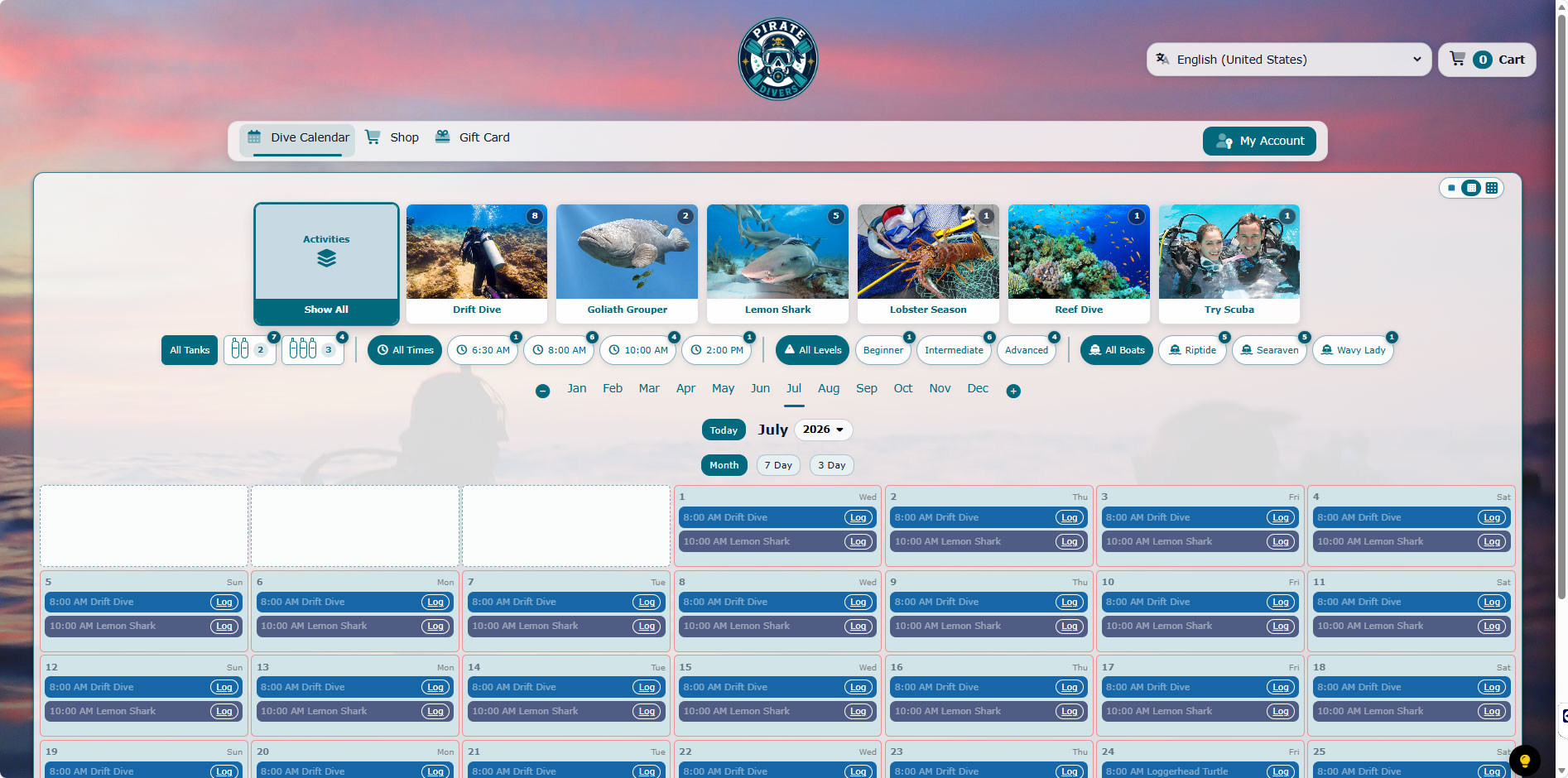 Public dive shop booking calendar with activity, tank count, departure time, difficulty, and boat filters