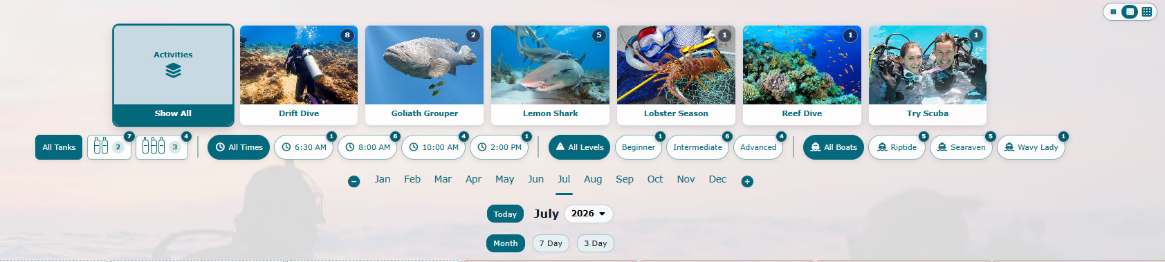 Public booking calendar activity and filter counts that open matching days and availability