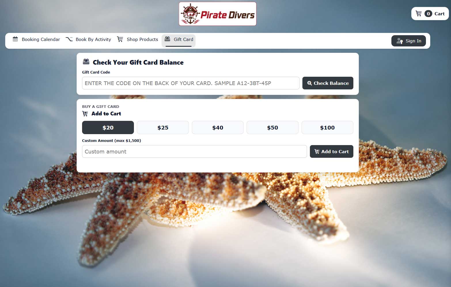 Diverse Retail online gift card shopping page