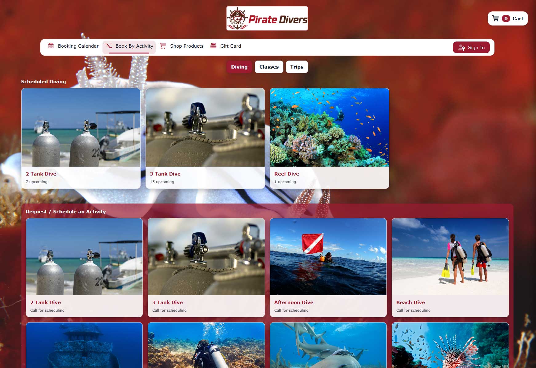 Dive shop shopping cart for activities, classes, trips, and charters