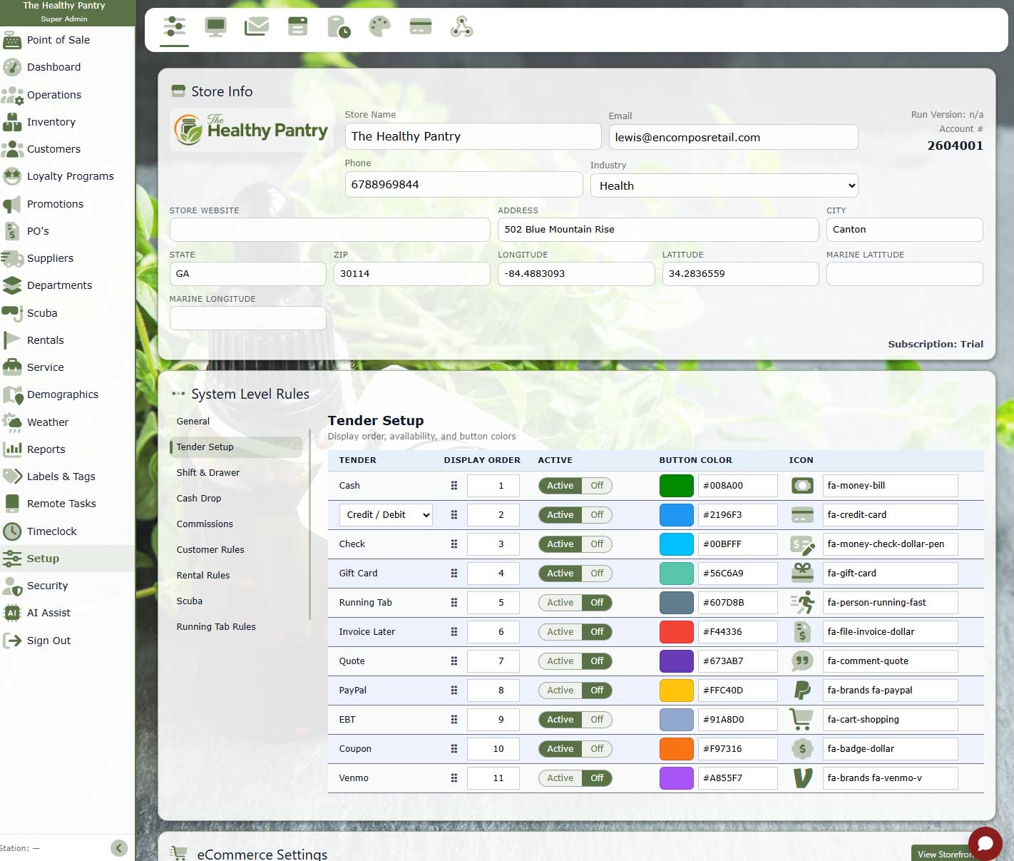 Store information setup screen